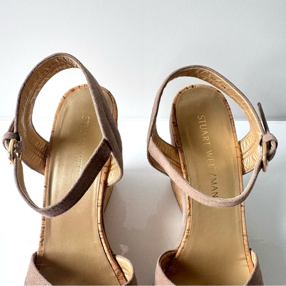 Stuart Weitzman Taupe Suede Ankle Strap Cork Wedge Sandals Size 9.5 M - Picture 8 of 11